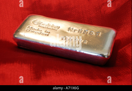 Close up of a 500 grams heavy solid silver bar from Swedish mining company Boliden Stock Photo