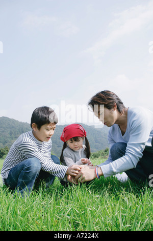 Family catching insects in meadow Stock Photo