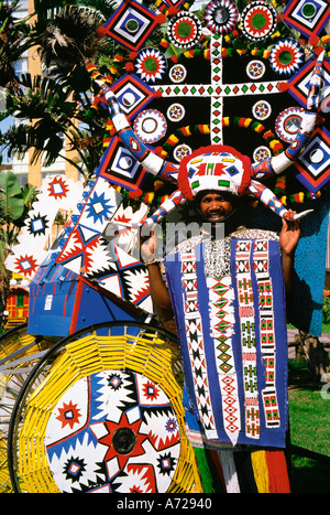 Ornately Decorated Zulu Rickshaw Driver Traditional Costumes at Durban KwaZulu Natal Province South Africa Stock Photo