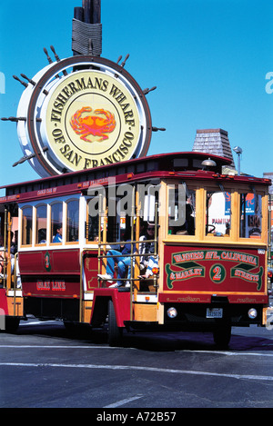 Fisherman Wharf sign and cable car in San Francisco California