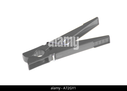 Grey plastic clothes peg on white background Stock Photo
