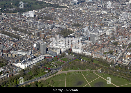 Aerial high level oblique view north east from Hyde to Regents Park of Oxford Street and Mayfair London W1 W2 England 2005 Stock Photo