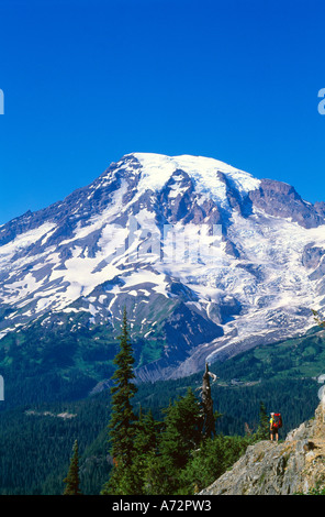 View of Mount Rainier with backpacker Mount Rainier National Park Stock Photo