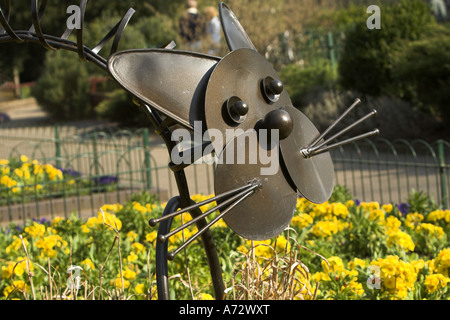 Cat sculpture in sheet metal and wire Kelsey Park Beckenham Kent UK spring Stock Photo