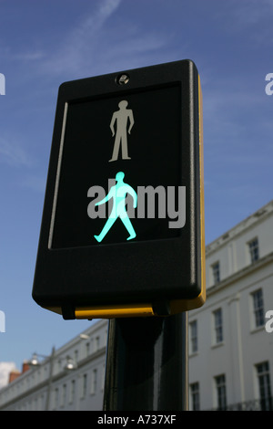 Pedestrian crossing in Leamington Spa, Warwickshire, England, showing the 'Green Man' cross sign Stock Photo