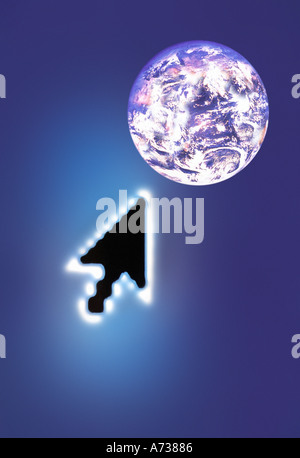 arrow cursor on computer screen pointing to the Earth Stock Photo