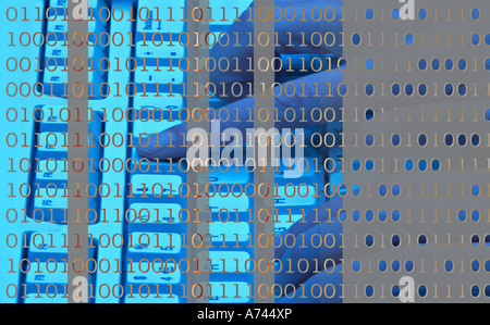 Hands on computer keyboard with binary code overlay. Stock Photo