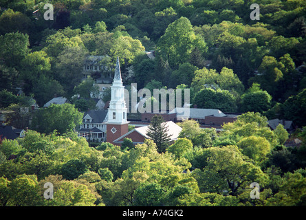New Haven Connecticut aerial scenic with church steeple and summer trees Stock Photo