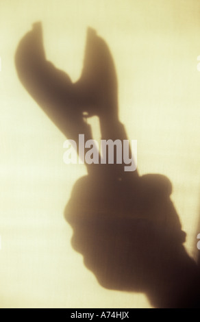 Shadow in warm light on pale cloth or curtain of hand holding self-grip or vice or vise wrench or adjustable spanne Stock Photo