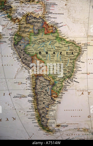 A close view of South America, and parts of Central America, on a high quality world map. Stock Photo