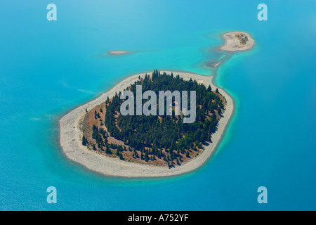 Aerial view of the island in the middle of lake Tekapo, south island, New Zealand. Stock Photo