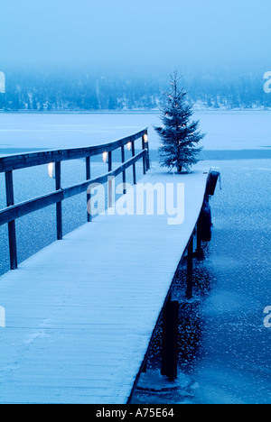 Christmas Tree with lights on a dock in lake Fryken Varmland Sweden Stock Photo