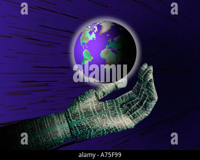 Digital hand, globe, communication and knowledge Stock Photo