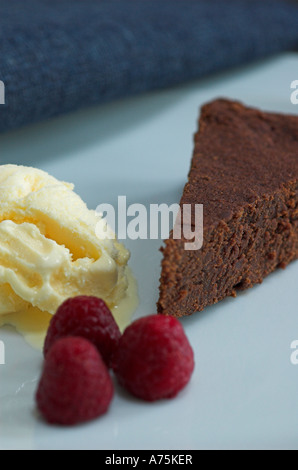 A slice of dark chocolate torte cake on a white serving plate accompanied by icecream and raspberries Stock Photo