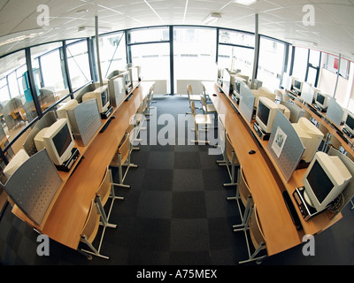 Birds eye view of computer classroom lab in school fisheye image looking down nobody Stock Photo