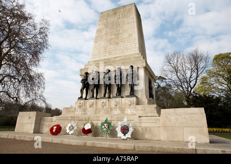 wreaths laid at household guards war memorial on horse guards road opposite the horse guards parade london england uk Stock Photo