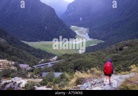 Hiker Tramper on The Routeburn Track approaching Routeburn Falls Hut Mt Aspiring National Park South Island New Zealand Stock Photo
