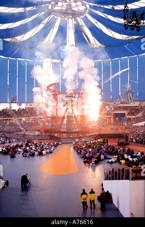 Indoor fireworks & smoke in main events arena inside the millennium dome year 2000 exhibition Greenwich Peninsula London England UK Stock Photo