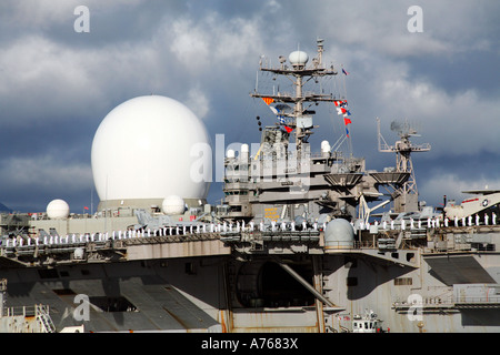 Sea Based X-band Radar appears to be part of the USS Abraham Lincoln looking like the big brother to the smaller radars on the a Stock Photo