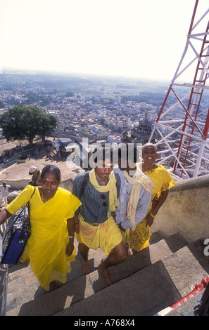 Young Hindu pilgrims on the last steps to the summit the Rock Fort Tamil Nadu India Stock Photo