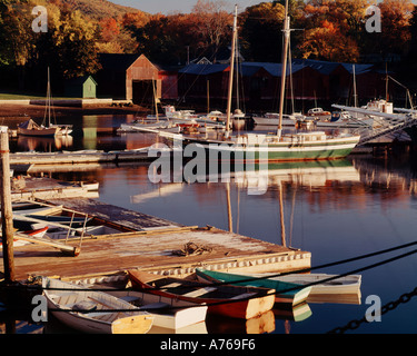 Harbor at Camden Maine Lobster boats pleasure boats and two masted schooners Calm morning along the South Maine Coastline Stock Photo