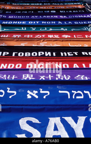 Colored banners which say The World Says No to War in different languages Washington Square Park New York City USA Stock Photo