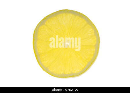 Round single slice of lemon on a pure white background. Stock Photo