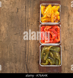 Pickled bell pepper in bowls, elevated view Stock Photo