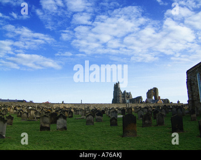 View of Whitby Abbey across the graveyard of St Mary's Church Whitby. North Yorkshire UK Stock Photo