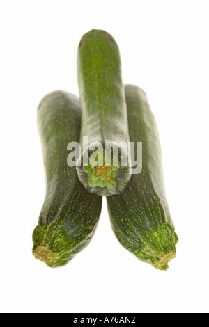 Three courgettes aka zuccini on a pure white background. Stock Photo