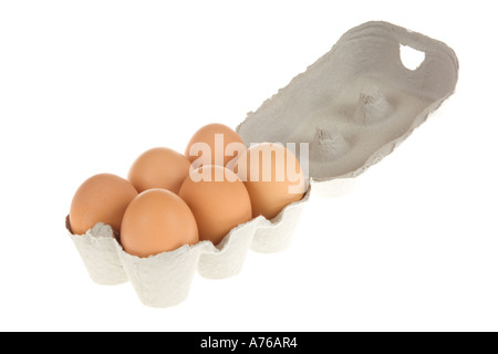 Half a dozen free range eggs in a recycled paper egg box on a pure white background. Stock Photo