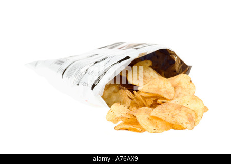 Open packet of flavoured crisps on a pure white background. Stock Photo