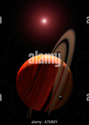 An artist's concept of a gas giant planet orbiting a red dwarf K star. Stock Photo