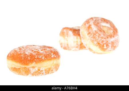 Three jam doughnuts on a pure white background. Stock Photo
