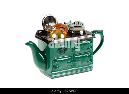 Kitsch novelty china teapot in the shape of a range cooker on a pure white background. Stock Photo