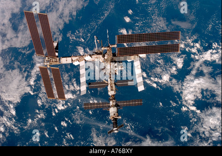 Space Shuttle Discovery backdropped by a blue and white Earth Stock ...