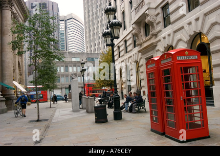 Telephone Boxes at the Royal Exchange, Bank, London, city, england, UK Stock Photo