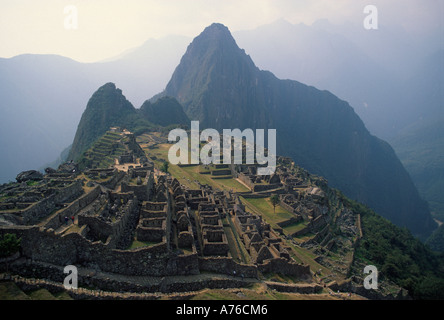 Machu Picchu with Huaynu Picchu in early morning light, stunning view. Stock Photo