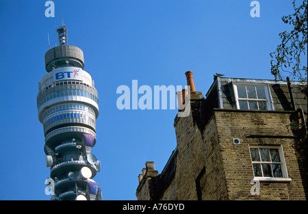 Close up compressed perspective view of the BT Post Office Tower from ground level against a blue sky. Stock Photo