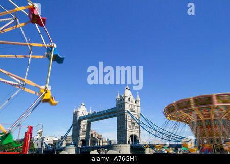 Old fashioned funfair near Tower Bridge on the Southbank of the Thames River. Stock Photo