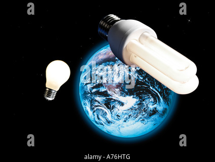 Energy saving lamp and electric bulb, image of earth in space in background, (digital composite) Stock Photo