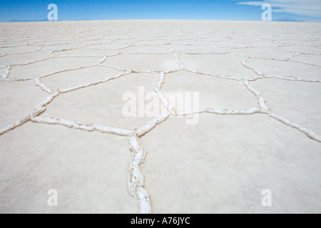 Low and close up wide angle view of the vast Bolivia salt flats - Salar de Uyuni.