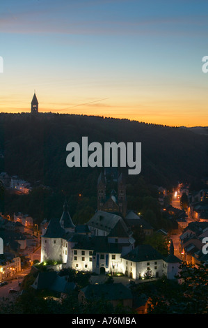 Clervaux, Luxembourg. View of town castle and the Benedictine Abbey of St Maurice Stock Photo