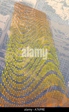 Computer binary numbers over an electronic component printed circuit board Stock Photo