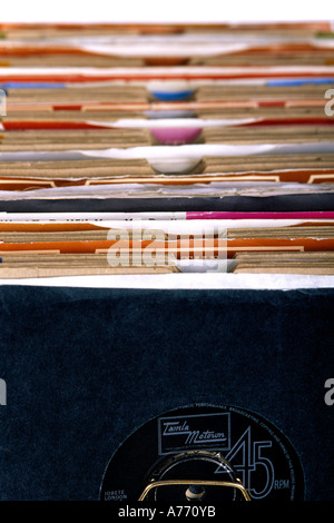 Close up of an old vinyl 45's record collection. Stock Photo