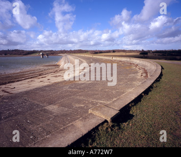 Sweeping view of the dam at Bewl reservoir, Kent, South of England, UK, at record low levels. Stock Photo
