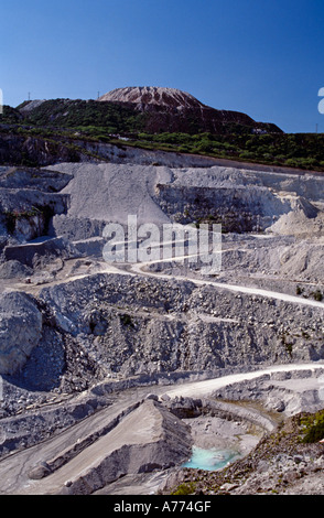 China clay pit and waste mound. St Austell, Cornwall, England. Stock Photo
