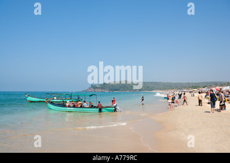 Excursion Boats on Baga Beach, North Goa, Goa, India Stock Photo