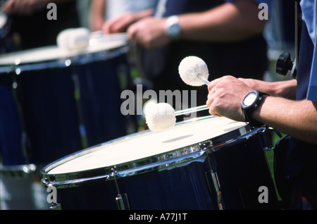 Tenor drummers, at a pipe band contest in Northern Ireland Stock Photo