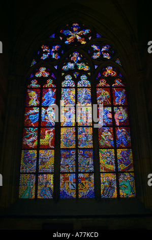 Stained glass window inside the St Vitus Cathedral Prague Czech Republic Stock Photo